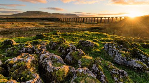 Railway bridge crossing the countryside at Ribblehead Viaduct